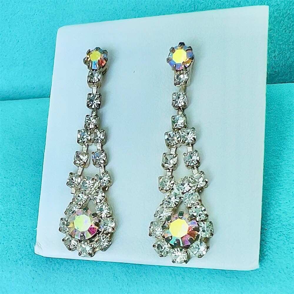 Vintage AB Clear Rhinestone Chandelier Drop Earrings Shimmer Glam Pierced